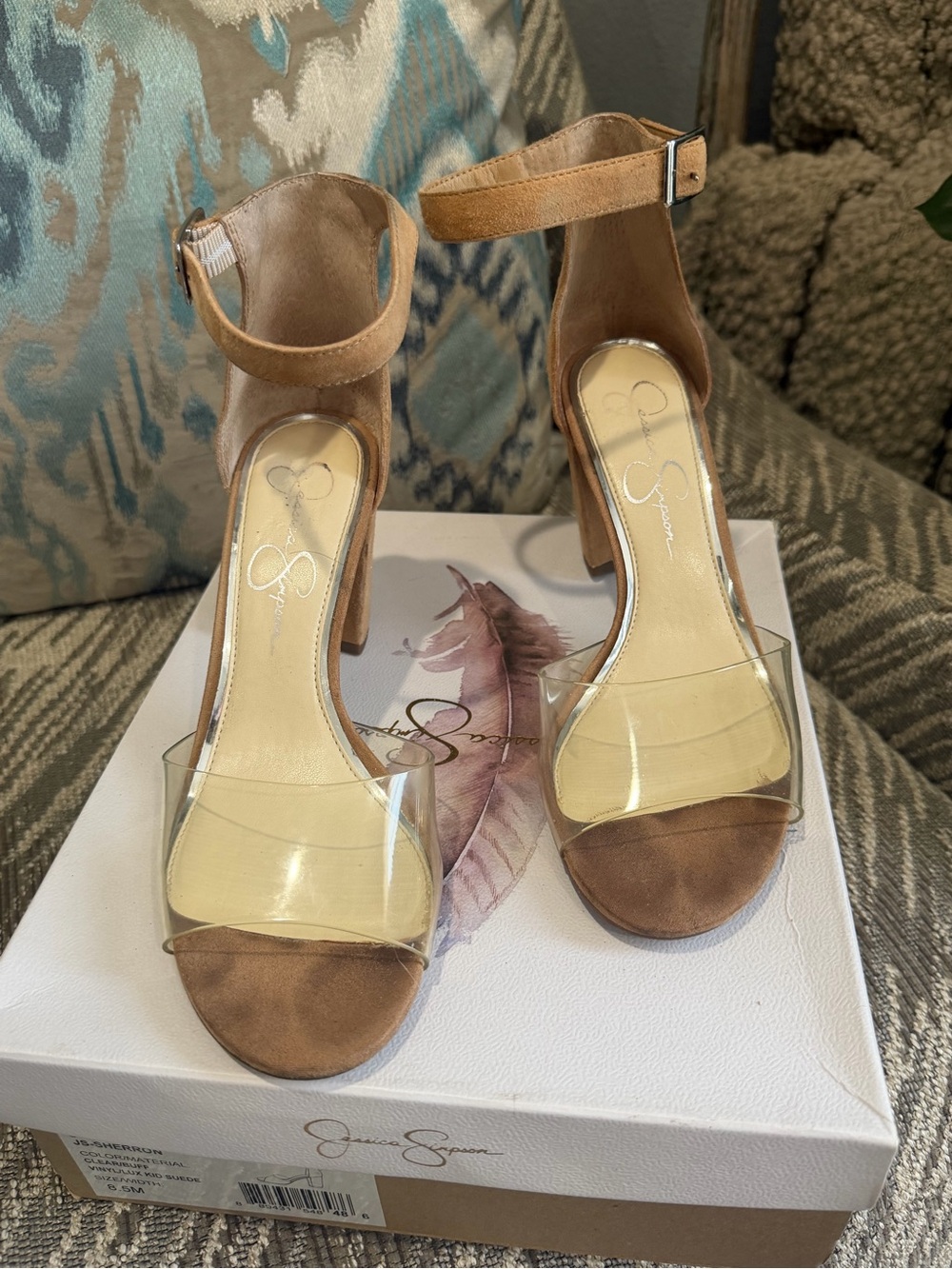 Jessica Simpson Sherron Clear and Tan Suede Block Strap Heels - 8.5